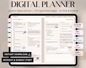 Cyfrowy planer bez daty, planer na iPada i Androida, kalendarz GoodNotes, dziennik dzienny, tygodniowy i miesięczny z naklejkami, planer na iPada na lata 2025–2026