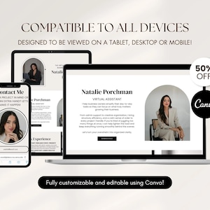 Könnte beinhalten: Ein digitales Marketing-Design, das eine Website auf einem Laptop, Tablet und Smartphone zeigt. Die Website zeigt eine Frau und den Text "Natalie Porchman, Virtual Assistant". Das Bild enthält den Text "Kompatibel mit allen Geräten" und "Vollständig anpassbar und bearbeitbar mit Canva!"