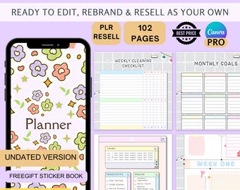Plantilla PLR de Canva: Planificador digital - Cuaderno digital editable sin fecha - Plantilla de más de 100 páginas lista para revender - Descarga instantánea