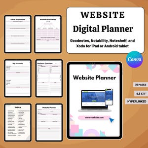 May include: A digital website planner for iPad or Android tablets. The planner includes sections for value proposition, website evaluation, and business overview. The planner is 8.5 x 11 inches and has 35 pages. The planner is hyperlinked.