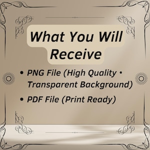 May include: A beige background with decorative black borders and text that reads "What You Will Receive." The text is in a white rounded rectangle. Below the text are bullet points listing "PNG File (High Quality &bull; Transparent Background)" and "PDF File (Print Ready)."