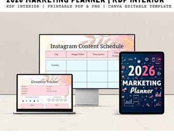 Digital Download Editable 2026 Marketing Planner - Printable Kdp Interior Canva Template - Social Media & Business Goal Tracker