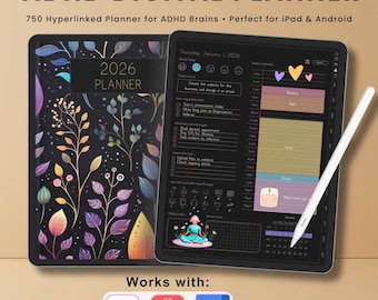 Planificador digital para TDAH 2025-2026 - Modo oscuro - Planificador diario, semanal y mensual - Plantillas de notas útiles para iPad y archivos PDF
