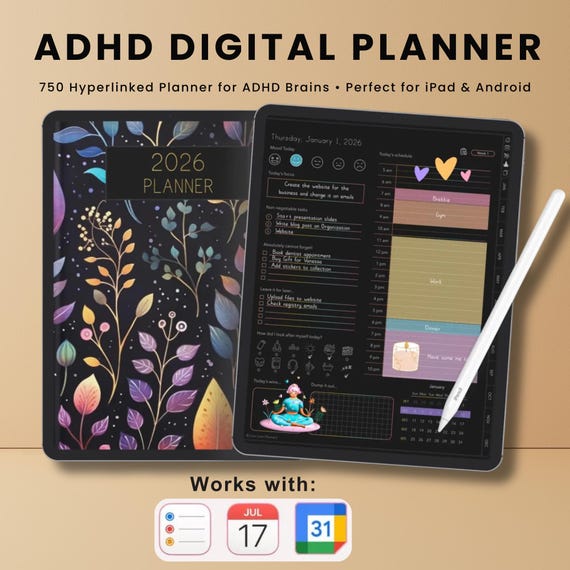 ADHD Digital Planner 2025 2026 - Dark Mode Daily Weekly Monthly Life Planner - Good Notes Templates for iPad & PDF Files