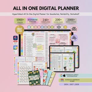 May include: An all-in-one digital planner featuring 1060+ pages, 240+ templates, 200+ cover pages, and 2000+ digital stickers. The planner includes a rainbow theme, Google and Apple integration, and options for Sunday or Monday starts for 2026-2028.