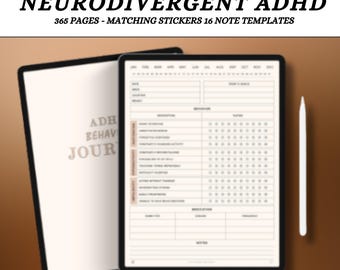 Diario digital minimalista con hipervínculos para TDAH de 365 días: seguimiento de hábitos de Goodnotes con descarga instantánea y 100 pegatinas.