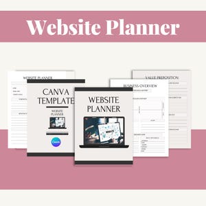 Puede incluir: Una colección de plantillas de planificador de sitios web, incluida una plantilla de Canva, con las palabras "Website Planner" en un lugar destacado. La imagen muestra la pantalla de un portátil con un diseño de sitio web. El fondo es una combinación de colores rosa y blanco.