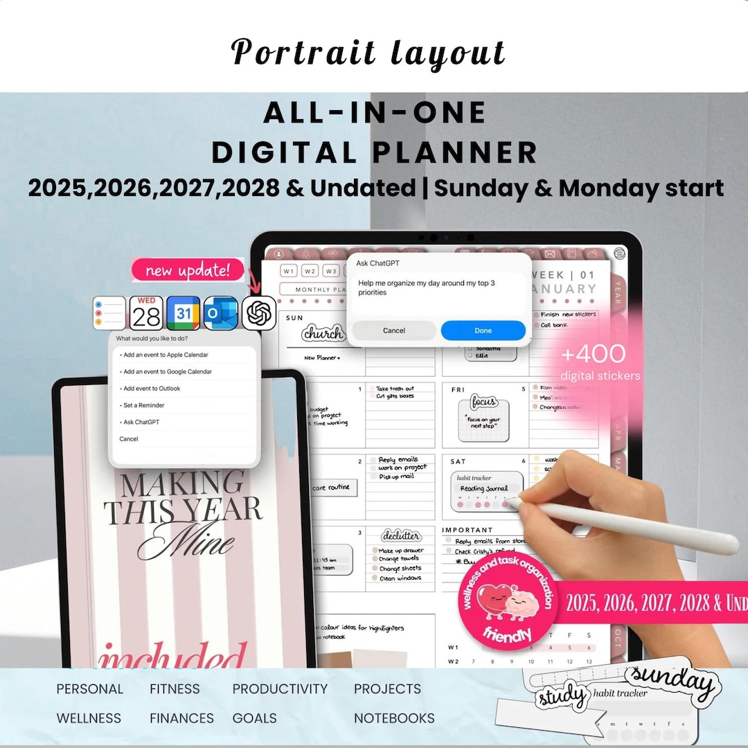 Portrait Digital Planner 2025 2028 and Undated - iPad Templates for ...