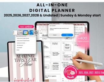 Planificador digital vertical 2025, 2028 y sin fecha - Plantillas para iPad para Goodnotes y Notability - Planificador diario, semanal y mensual de descarga instantánea