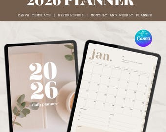 Plantilla de Canva para agenda digital 2026 - Cuaderno digital editable con hipervínculos - Formato mensual y semanal en PDF - Goodnotes - Rastreador de hábitos