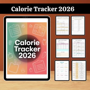 Könnte beinhalten: Ein digitaler Kalorien-Tracker für 2026, angezeigt auf einem Tablet, mit verschiedenen Planungsseiten und einem Kalender. Der Hauptbildschirm zeigt den Text "Calorie Tracker 2026" in einem kreisförmigen Design mit farbenfrohen Essenssymbolen und einer Checkliste.