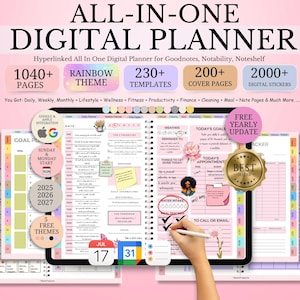 May include: A digital planner with a rainbow theme, featuring over 1040 pages, 230 templates, and 200 cover pages. The planner includes digital stickers and offers daily, weekly, and monthly planning options. The image also shows the text "ALL-IN-ONE DIGITAL PLANNER".