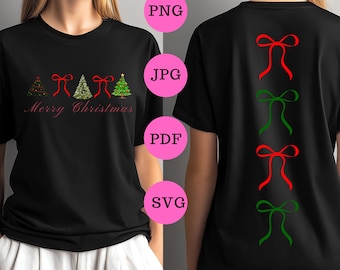 Wesołych Świąt, kokarda i choinka SVG PNG - Natychmiastowe pobranie pliku PDF „Coquette Christmas” - Uroczy świąteczny plik do wycinania - Prezenty świąteczne