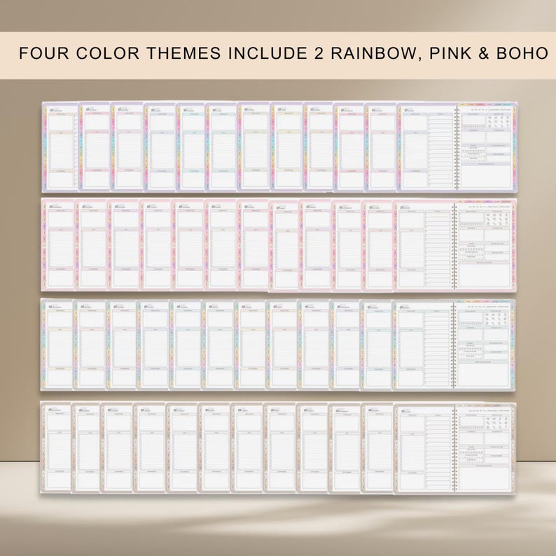 May include: Four planner designs with rainbow, pink, and boho themes. Each planner features a weekly layout with space for notes and a calendar. The planners are arranged in rows, showcasing the different color schemes and designs.