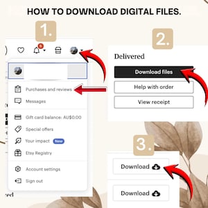 May include: A step-by-step guide on how to download digital files. The image shows a screen capture with numbered steps and arrows pointing to the "Purchases and reviews" section, the "Download files" button, and the "Download" button.