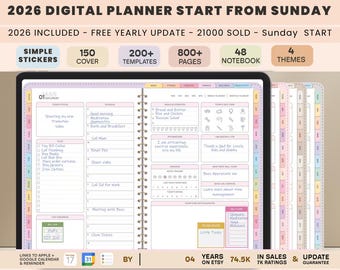 Planer na niedzielny start 2026 z naklejkami – strony planera PDF do druku cyfrowego, do codziennego, tygodniowego i miesięcznego planowania
