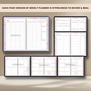 May include: A digital weekly planner with four versions displayed on tablets. Each planner has a spiral binding and a color-coded tab system. The text "EACH FOUR VERSION OF WEEKLY PLANNER IS HYPERLINKED TO REVIEW & MEAL" is at the top, with "VERSION 1", "VERSION 2", "VERSION 3", and "VERSION 4" labeling each planner.