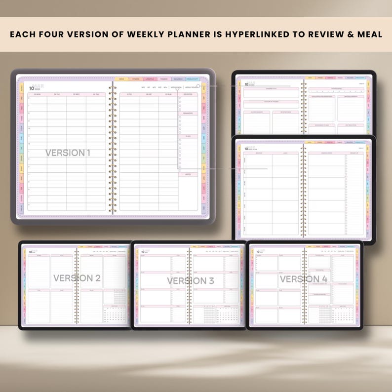 May include: A digital weekly planner with four versions displayed on tablets. Each planner has a spiral binding and a color-coded tab system. The text "EACH FOUR VERSION OF WEEKLY PLANNER IS HYPERLINKED TO REVIEW & MEAL" is at the top, with "VERSION 1", "VERSION 2", "VERSION 3", and "VERSION 4" labeling each planner.