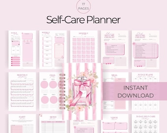 Afdrukbare zelfzorgplanner | Zelfzorgdagboekbundel Zelfzorgchecklist Wellnessplan Mood Tracker Habit Tracker Roze planner A4 A5 | J007