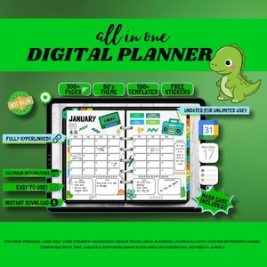 May include: A digital planner with a green background, featuring the text "all in one DIGITAL PLANNER." The planner includes 300+ pages, a 90's theme, 100+ templates, and free stickers. It is fully hyperlinked and easy to use, with instant download.