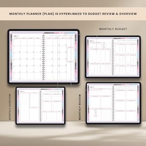 May include: Digital planner with a monthly calendar, budget, overview, and review sections. The planner is displayed on four tablets with a spiral binding. The text "MONTHLY PLANNER (PLAN) IS HYPERLINKED TO BUDGET REVIEW & OVERVIEW" is at the top.