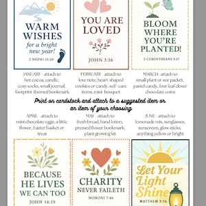 May include: A collection of printable cards with inspirational quotes and seasonal suggestions. The cards feature phrases like "Warm Wishes," "You Are Loved," and "Bloom Where You're Planted." Each card includes a relevant Bible verse and a list of items to attach.
