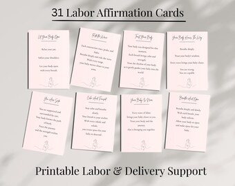 May include: A collection of 31 pink affirmation cards for labor and delivery support. Each card features a unique message in black text, accompanied by a minimalist line drawing of a pregnant person. The cards are designed to provide encouragement during childbirth.