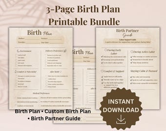 Plan de parto imprimible / Preferencias de parto, guía para la pareja (descarga inmediata)