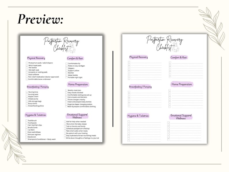 May include: Two white pages titled Postpartum Recovery Checklist with black text and purple highlights. The left page lists items under Physical Recovery, Comfort & Rest, Breastfeeding/Pumping, Home Preparation, Hygiene & Toiletries, and Emotional Support/Wellness. The right page provides blank lines for notes.