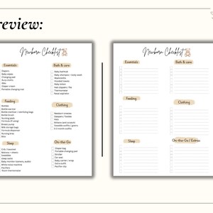May include: Two printable newborn checklist templates. The checklists are divided into categories: Essentials, Bath & Care, Feeding, Clothing, Sleep, and On-the-Go/Extras. The text "Newborn Checklist" is at the top of each page. The word "Preview:" is at the top left.