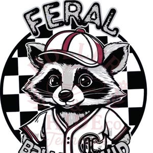 May include: A cartoon raccoon wearing a baseball cap and jersey, with the words "FERAL BALLPARK KID" in a circular design. The raccoon is black, white, and gray, with a red and white cap and jersey accents. The background is a black and white checkered pattern.