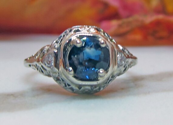 Antique Art deco 18k Sapphire Diamond Engagement … - image 1