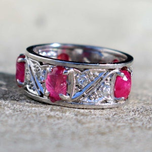 Vintage Platinum Wide Carved Ruby Diamond Band