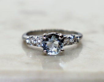 Vintage Platinum  Aquamarine Diamond Engagement Ring