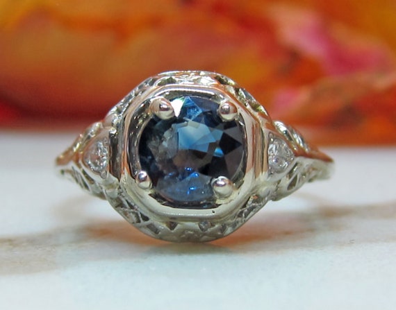 Antique Art deco 18k Sapphire Diamond Engagement … - image 5