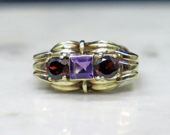 Vintage 8k  European Amethyst Garnet Scrolls Statement Ring