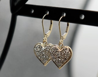 Vintage 14k Diamond Encrusted Hearts Dangle Earrings