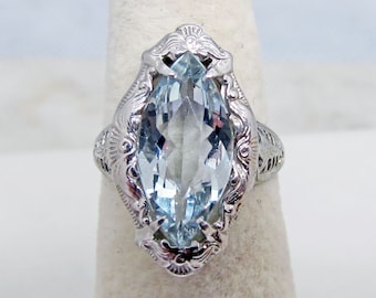 Antique Deco 14k Aqua Marine Filigree Ring - March Birthstone