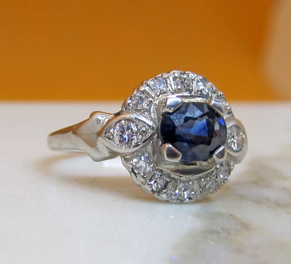 Antique Platinum Sapphire Diamond Engagement Ring - image 1