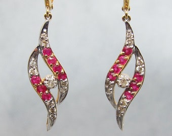 Estate 14k Ruby Diamond Dangle Lever Back Earrings