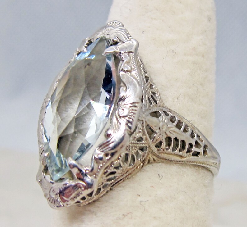 Antique Deco 14k Aqua Marine Filigree Ring March Birthstone Bild 6