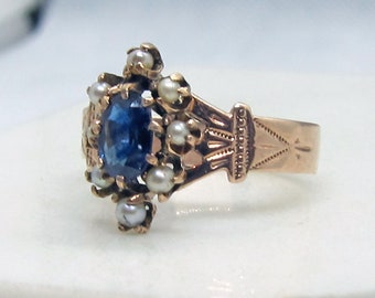 Antique Victorian Rose Gold 10k Sapphire Seed Pearl Ring