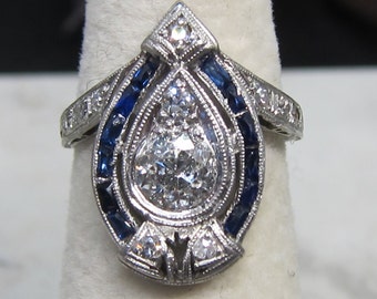 Antique Deco Platinum Mine Cut Diamond Sapphire Engagement Ring