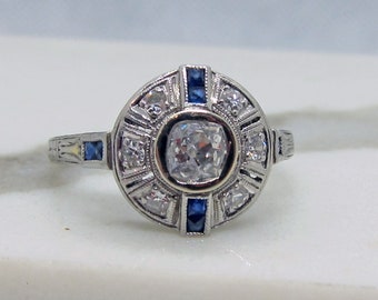 Antique Deco Platinum Mine Cut Diamond Sapphire Engagement Ring