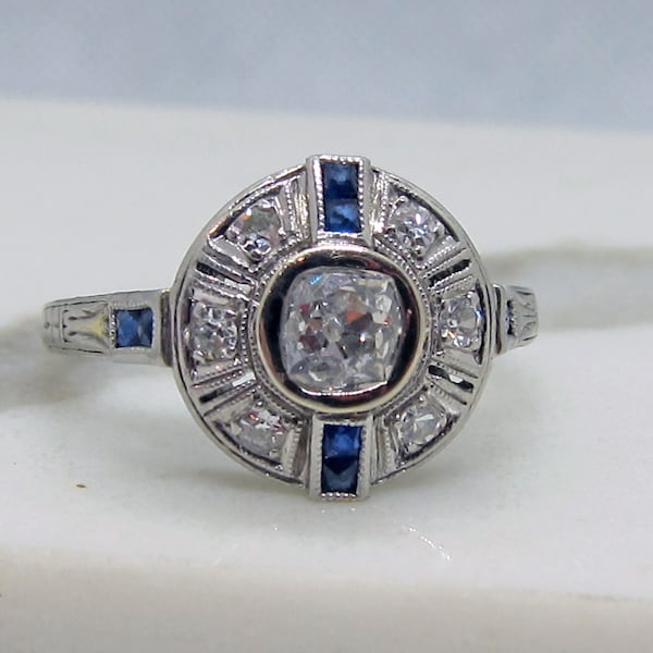 Antique Deco Platinum Mine Cut Diamond Sapphire Engagement Ring