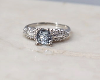 Vintage Platinum Aquamarine Baguette Diamond Ring