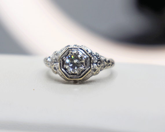 Reserved — Antique Deco 14k Diamond Filigree Dinn… - image 1