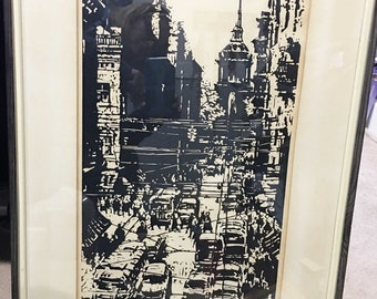 1962 Vintage Dzerzhinsky Street by Mikhail Aleksandrovich Kaneev Russian Artist Linocut