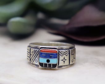 Native American Kewa Roderick & Marilyn Tenorio Sterling Inlaid Turquoise Coral Onyx Ring