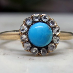 Victorian 10k  Turquoise Rose Cut diamond Halo Ring